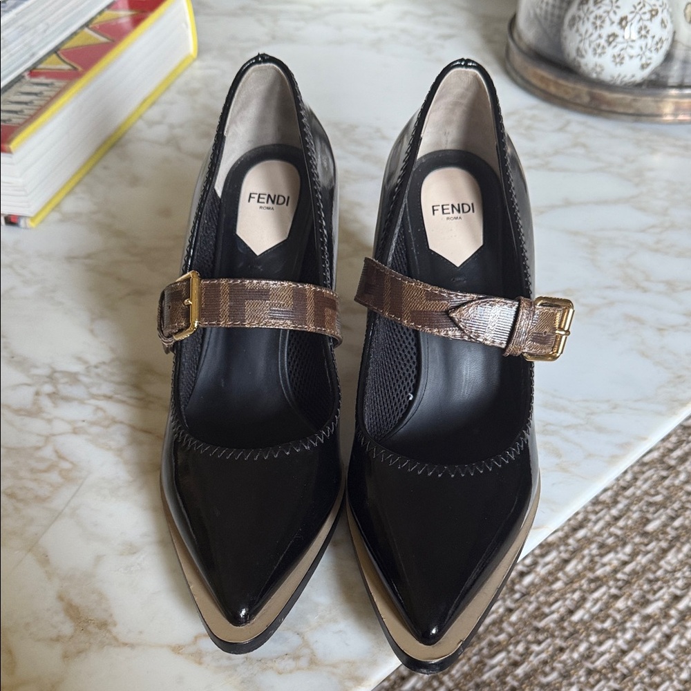 Fendi Black and Tan Heels with Brown Strap